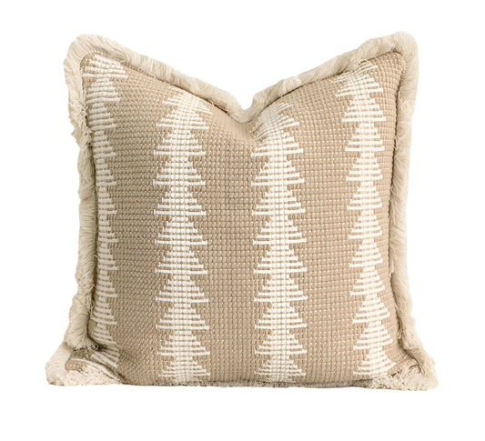 beige ikat fringe woven border cushion