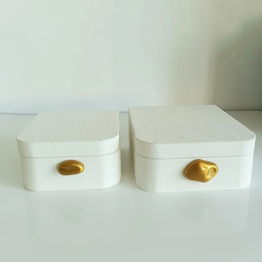 Set of 2 White Leather Gold Handle Storage Boxes