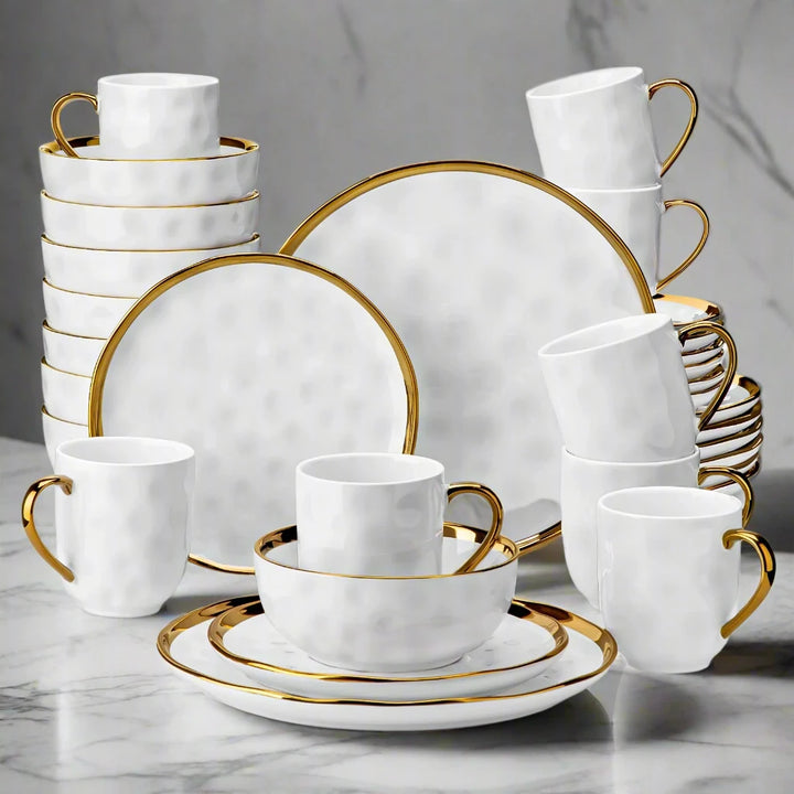 16-Piece Dimple Stoneware Gold Trim Dinner Set