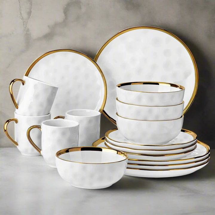Modern 32-Piece Gold Trim White Dinner Set