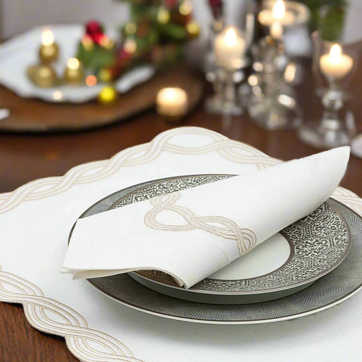 Luxury Set of 8 Hand-Embroidered Gold Chain Motif Placemats & Napkins