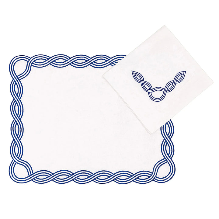 Luxury Set of 8 Hand-Embroidered Blue Chain Motif Placemats & Napkins