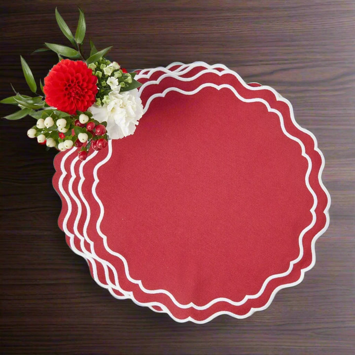 Set of 8 Red White Trim Cotton Placemats & Matching Napkins