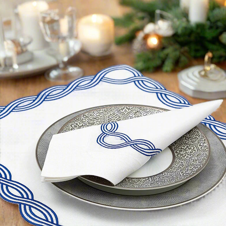 Luxury Set of 8 Hand-Embroidered Blue Chain Motif Placemats & Napkins