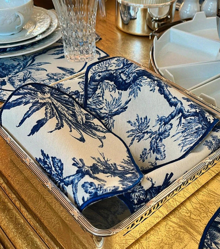 Luxury Set of 12 Blue Chinoiserie Embroidered Scallop Edge Placemats & Napkins