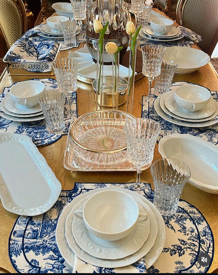 Luxury Set of 12 Blue Chinoiserie Embroidered Scallop Edge Placemats & Napkins