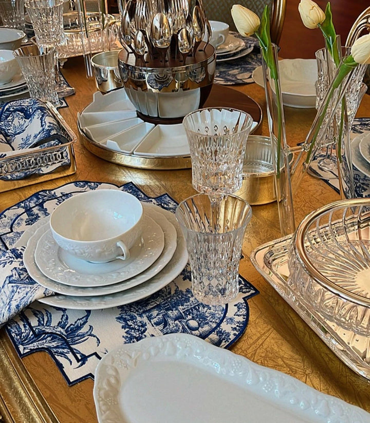 Luxury Set of 12 Blue Chinoiserie Embroidered Scallop Edge Placemats & Napkins