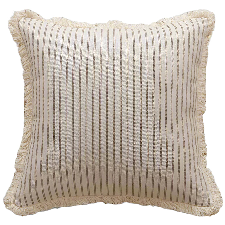 Grey Striped Linen Style Fringe Border Cushion