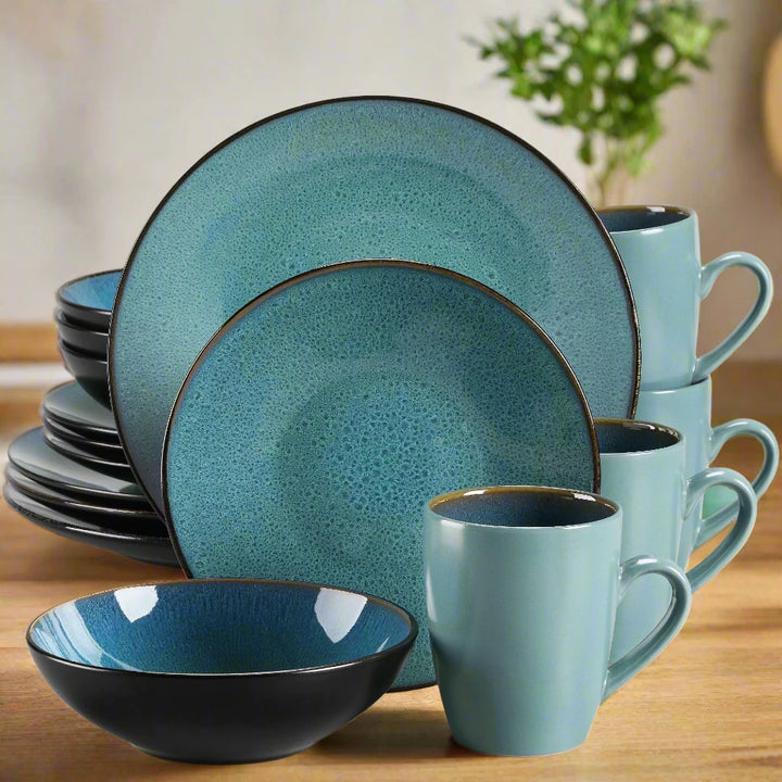 Modern Turquoise Blue 48-Piece Bubble Glaze Dinner Set