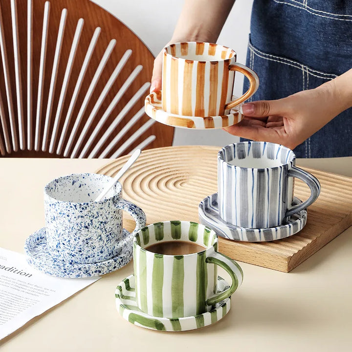 Hand-Painted Striped Stoneware Mug & Saucer Set