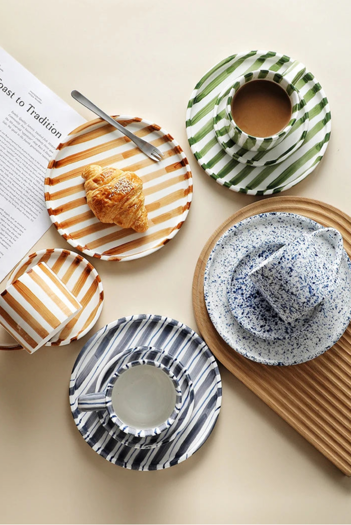 Hand-Painted Striped Stoneware Mug & Saucer Set