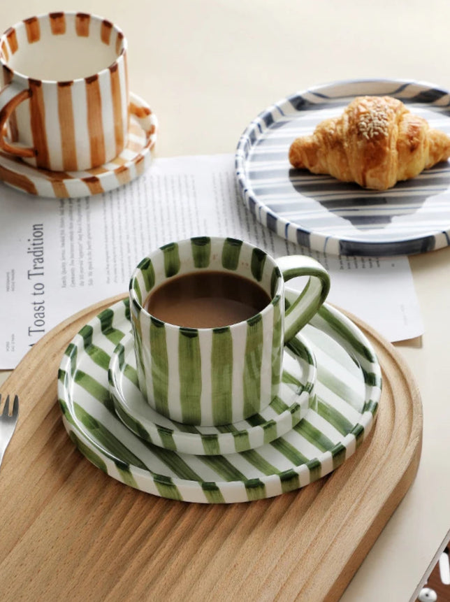 Hand-Painted Striped Stoneware Mug & Saucer Set