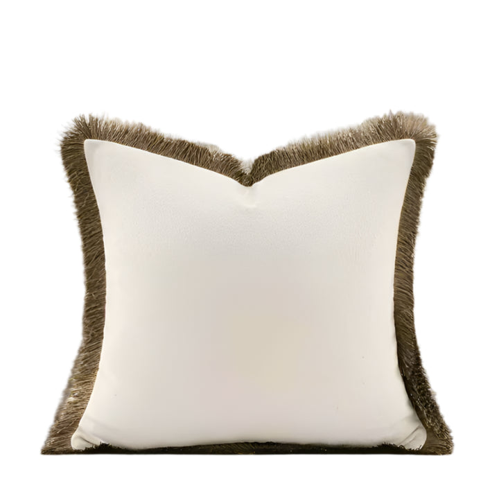 Ivory Woven Brown Fringe Border Cushion