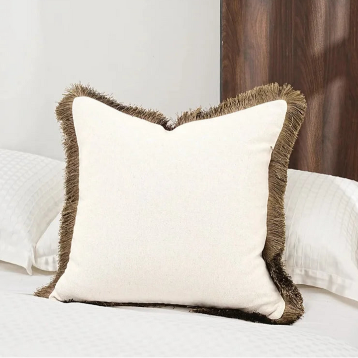 Ivory Woven Brown Fringe Border Cushion