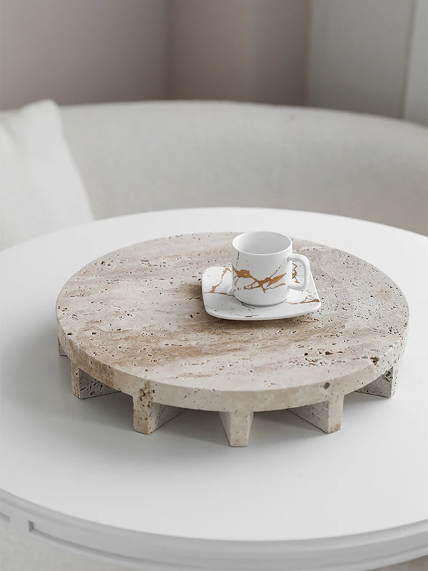 Large Travertine Stone Round Coffee Table Tray