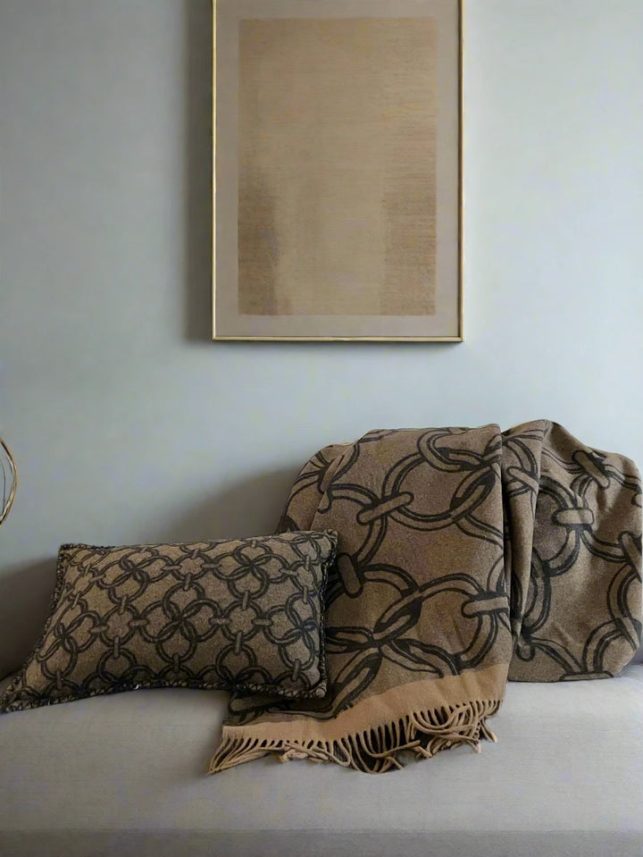 Luxury 100% Cashmere Chocolate Brown Chain Motif Reversible Throw Blanket