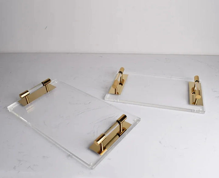 Luxury Antique Brass Clear Acrylic Coffee Table Tray Set of 2