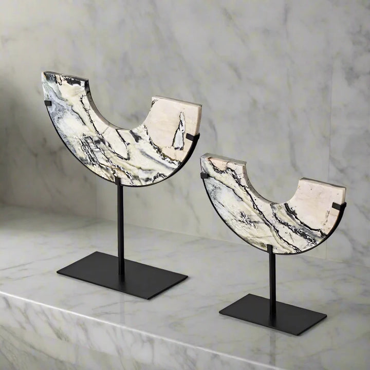 Luxury Half Moon Veined Marble Disc on Stand Ornament