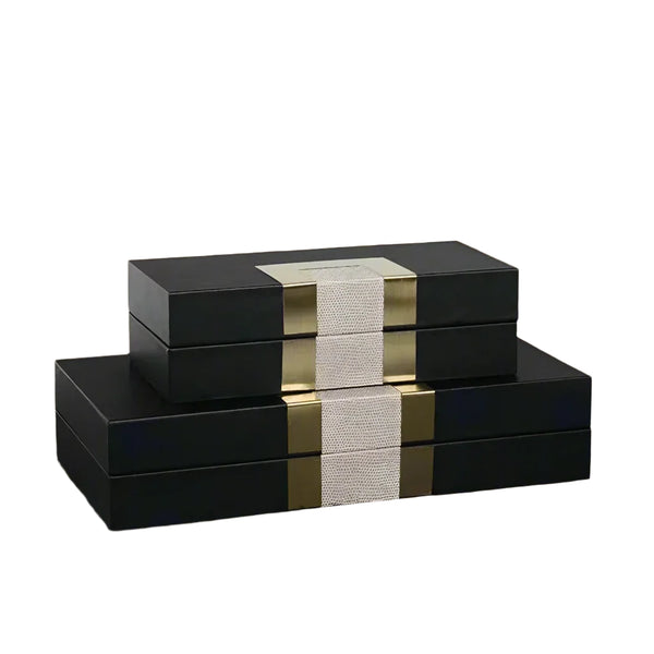 Luxury Set of 2 Antique Brass Black Leather Storage Boxes