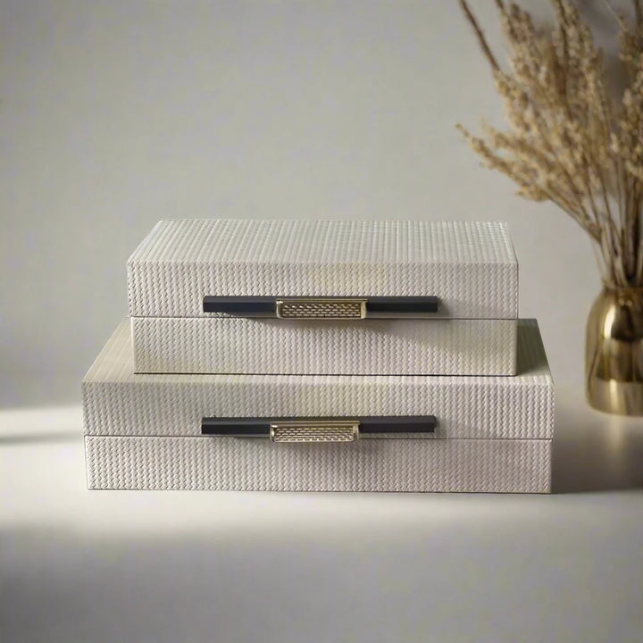 Luxury Set of 2 Genuine Leather Embossed Storage Boxes