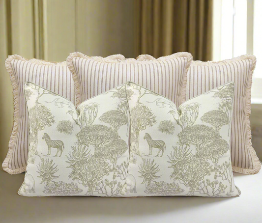 Soft Neutral Linen Toile Print Cushion Set of 5