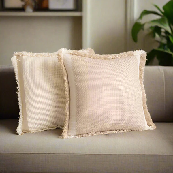 Neutral Beige Linen Style Fringed Trim Cushion