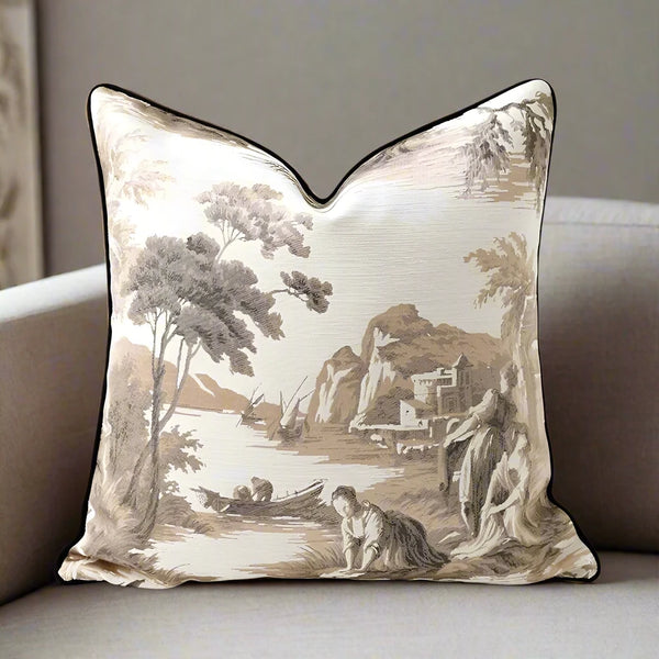 Neutral Embroidered Toile Print Cushion Cover