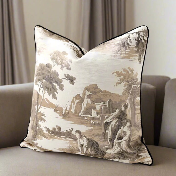 Neutral Embroidered Toile Print Cushion Cover