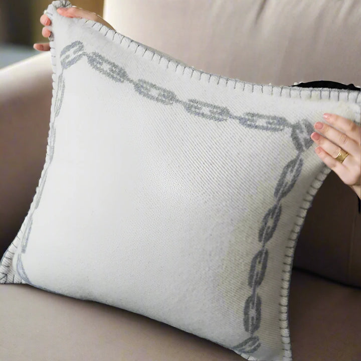 Luxury 100% Wool Grey Decorative Chain Motif Cushion & Matching Throw Set