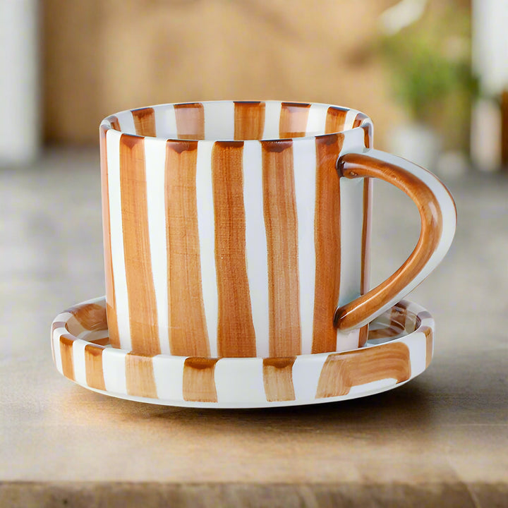 Hand-Painted Striped Stoneware Mug & Saucer Set