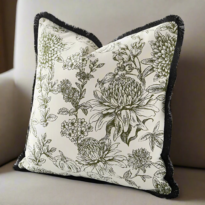 Olive Green Floral Toile Print Fringe Border Cushion