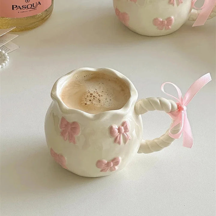 Embossed Pink Bow Stoneware Mug