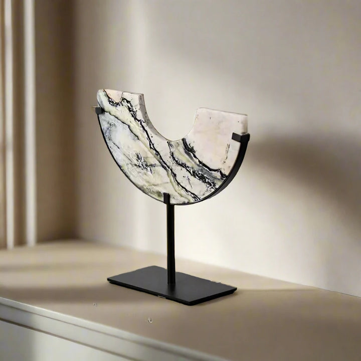 Luxury Half Moon Veined Marble Disc on Stand Ornament