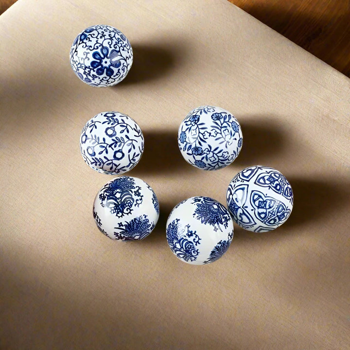 Set of 6 Blue Chinoiserie Toile Print Porcelain Balls