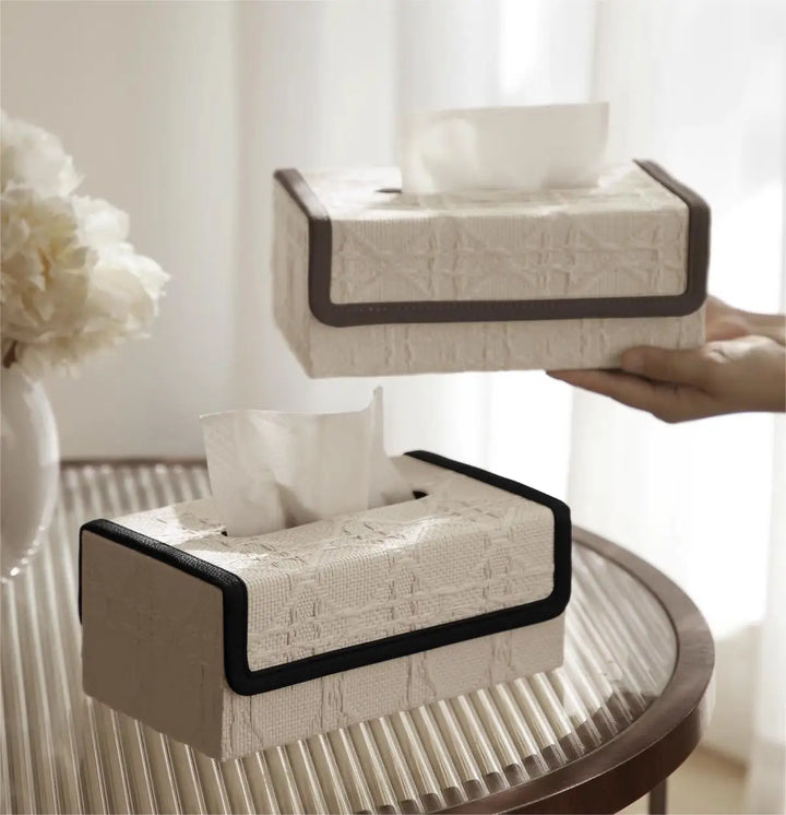 Luxury Beige Leather Trim Linen Embossed Pattern Tissue Box