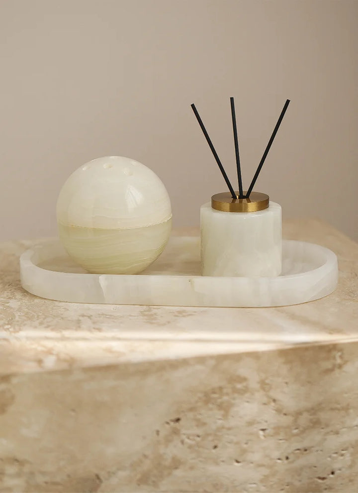 Luxury Round Solid Onyx Marble & Antique Brass Reed Diffuser