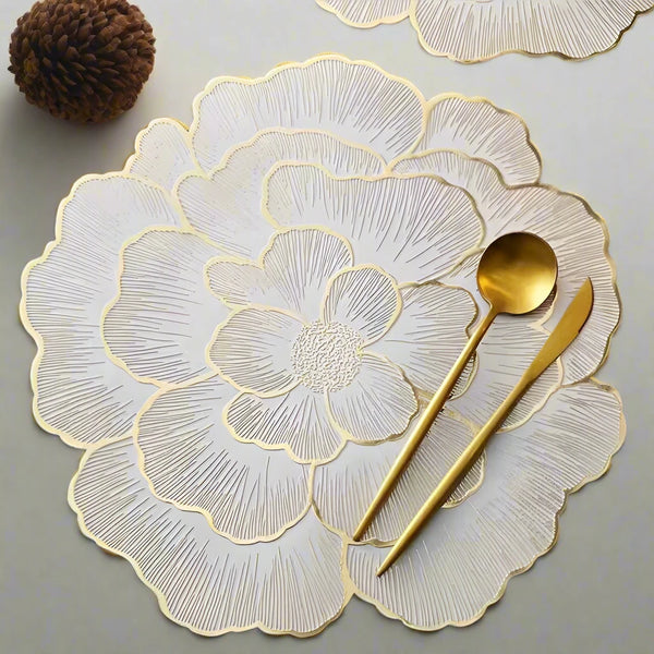 Set of 6 Champagne Shimmer Camellia Flower Placemat