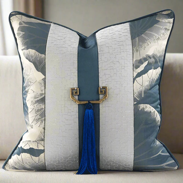 Luxury Blue Embossed Floral Pattern Satin Tassel Cushion