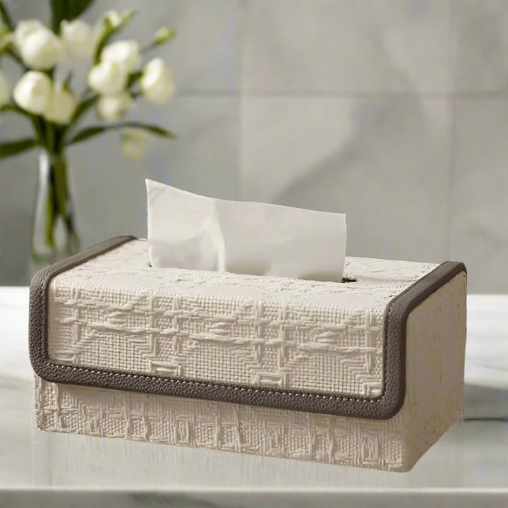 Luxury Beige Leather Trim Linen Embossed Pattern Tissue Box