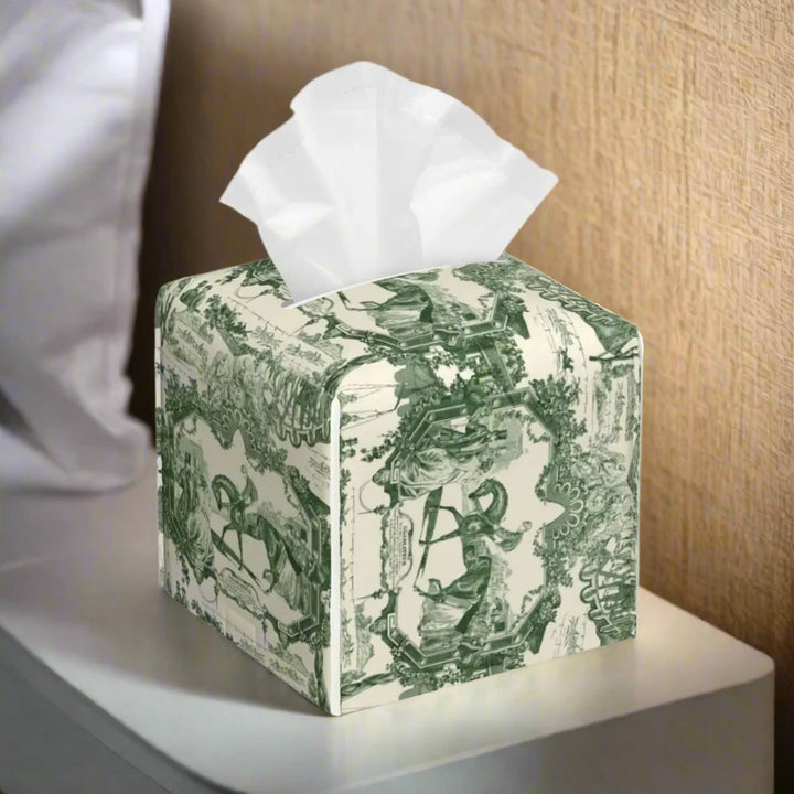 Green Toile Print Leather Tissue Box