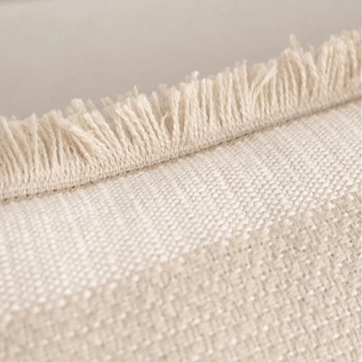 Neutral Beige Linen Style Fringed Trim Cushion