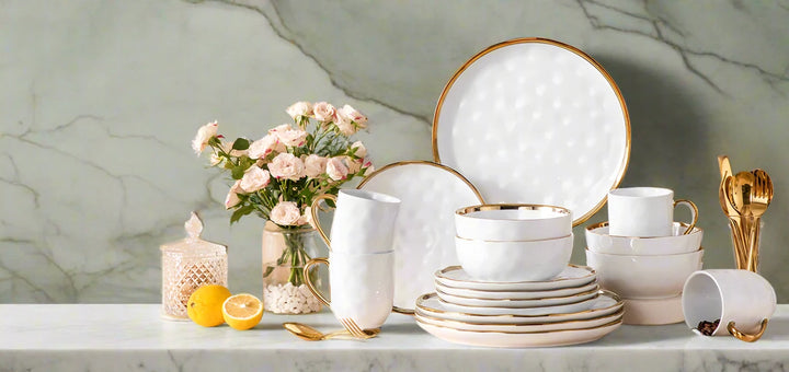 Modern 32-Piece Gold Trim White Dinner Set