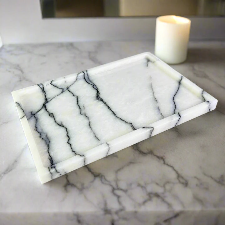 white solid veined marble tray, luxury home decor tray