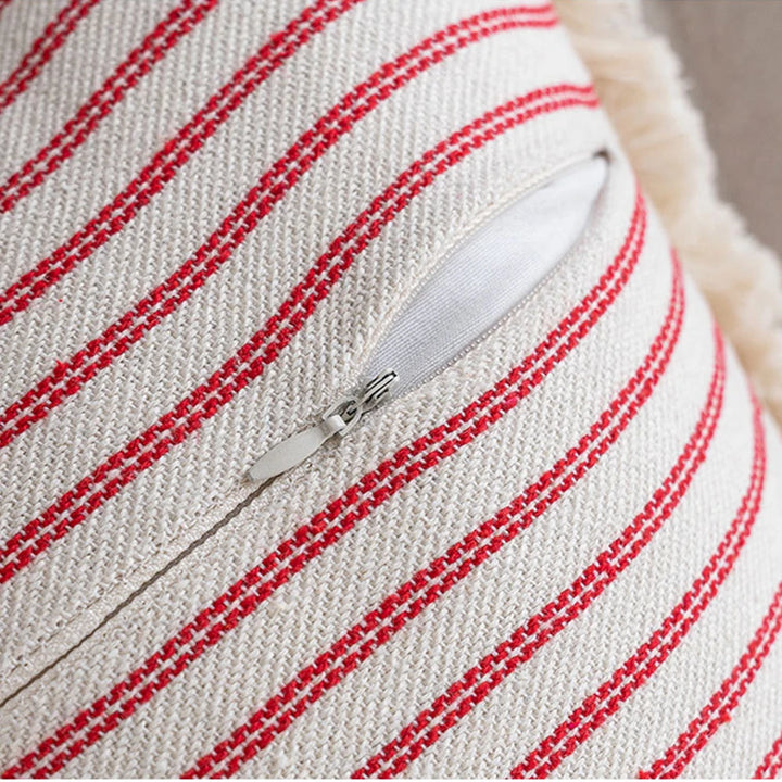 Red Striped Linen Style Fringe Border Cushion