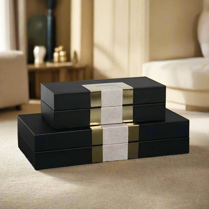 Luxury Set of 2 Antique Brass Black Leather Storage Boxes