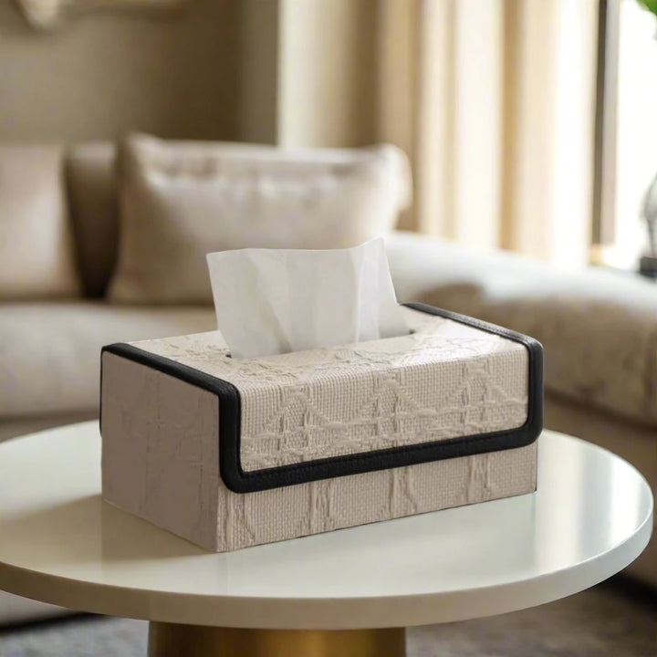 Luxury Beige Leather Trim Linen Embossed Pattern Tissue Box