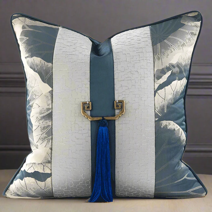 Luxury Blue Embossed Floral Pattern Satin Tassel Cushion