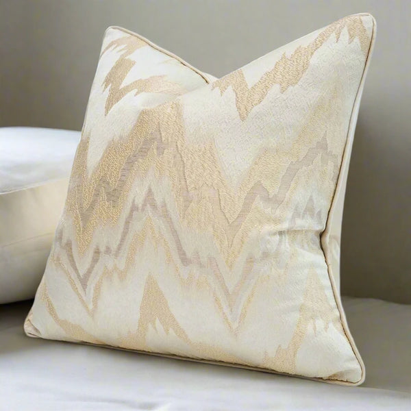 Neutral Champagne Gold Marbled Zig Zag Satin Piping Cushion