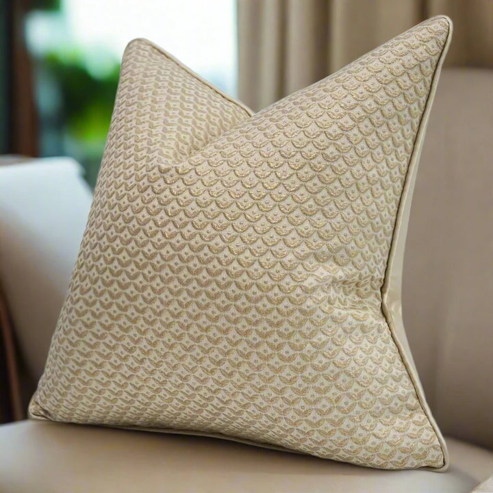 Neutral Beige Gold Metallic Thread Geometric Cushion