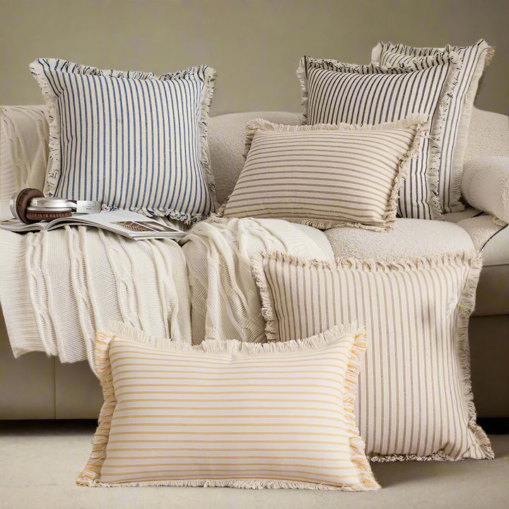 Striped Linen Style Fringe Border Cushion